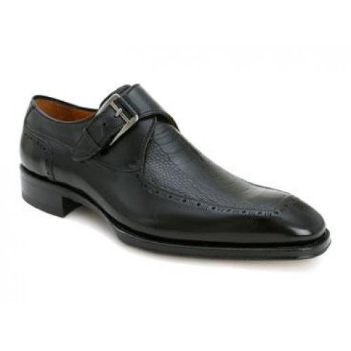 Mezlan "Riserva" Black Genuine Ostrich Paw & Italian Calfskin Loafer Shoes With Monk Strap